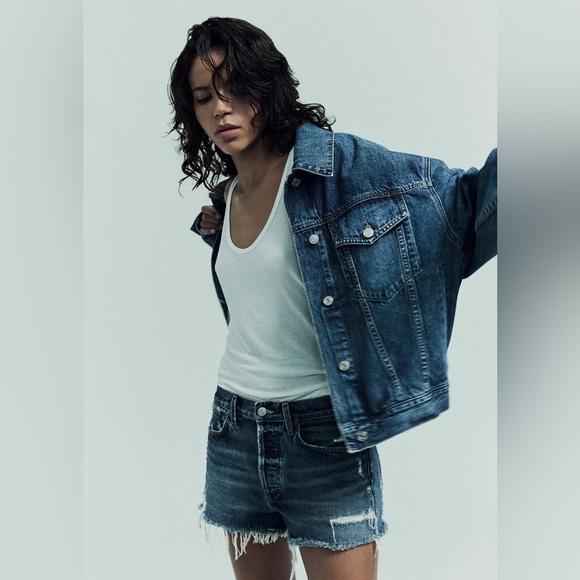Agolde Pants - Agolde Parker high waisted denim distressed cutoff jean shorts in dark